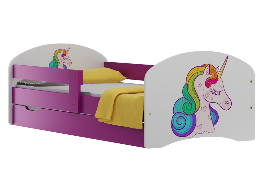 Detská posteľ so zásuvkami FAREBNÝ Jednorožec 140x70 cm