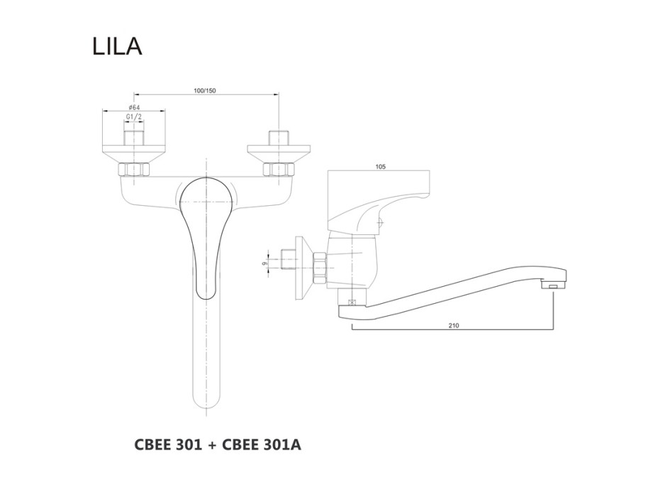 Drezová nástenná batéria, Lila, 150 mm, s ramienkom plochým vyhnutým 210 mm, chróm