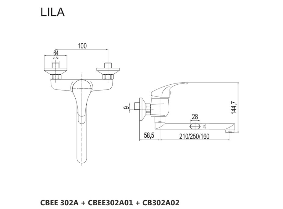 Drezová nástenná batéria, Lila, 100 mm, s ramienkom plochým rovným 210 mm, chróm