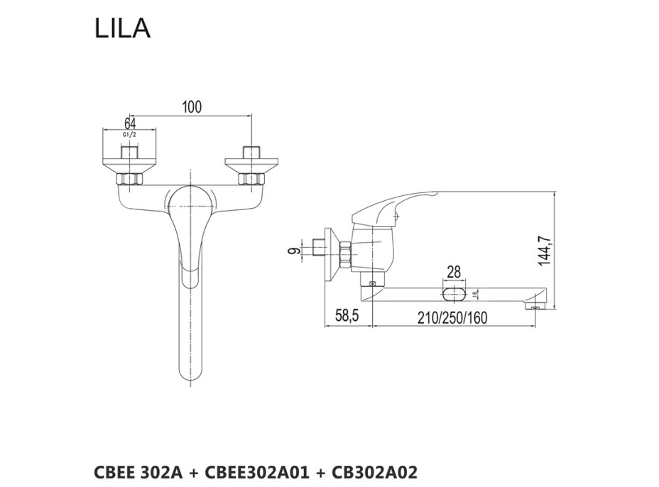 Drezová nástenná batéria, Lila, 100 mm, s ramienkom plochým rovným 160 mm, chróm