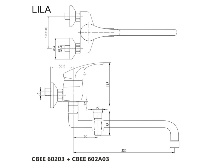 Nástenná batéria do byt. jadra, Lila, 150 mm, s ramienkom ø 18 mm - 330 mm, bez prísluš.