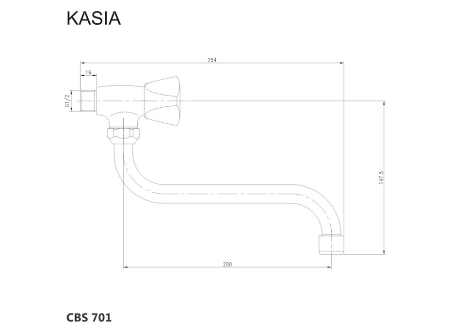 Umývadlový kohútik nástenný, Kasia, s ramienkom otočným ø 18 mm - 200 mm, chróm