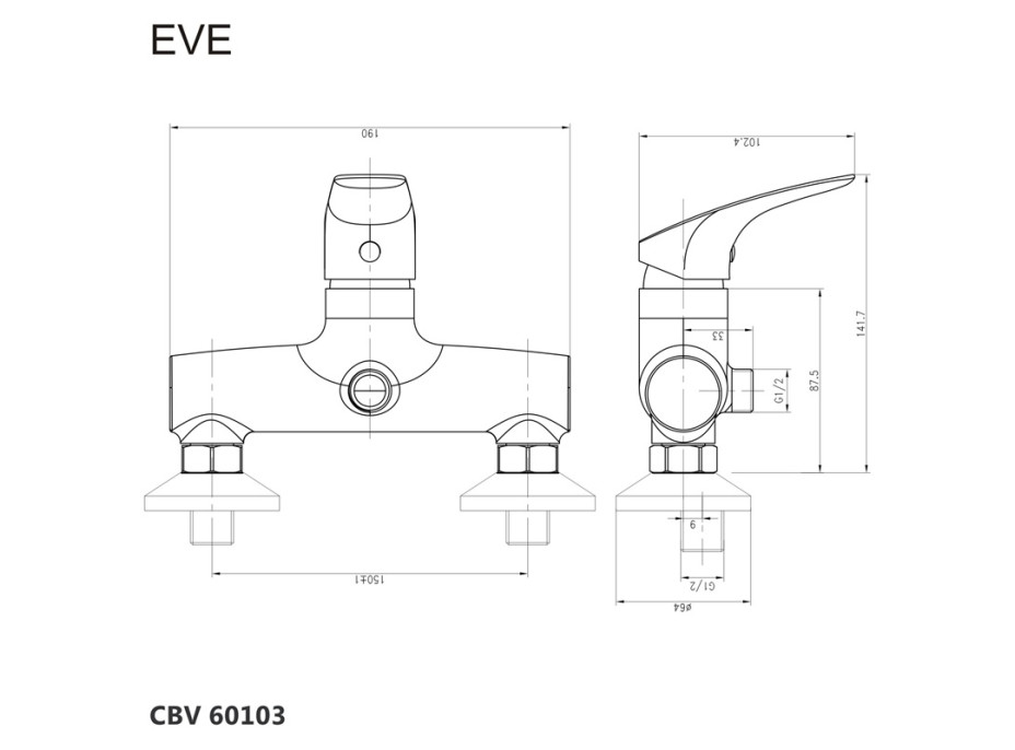 Sprchová nástenná batéria, Eve, bez príslušenstva, 150 mm, chróm