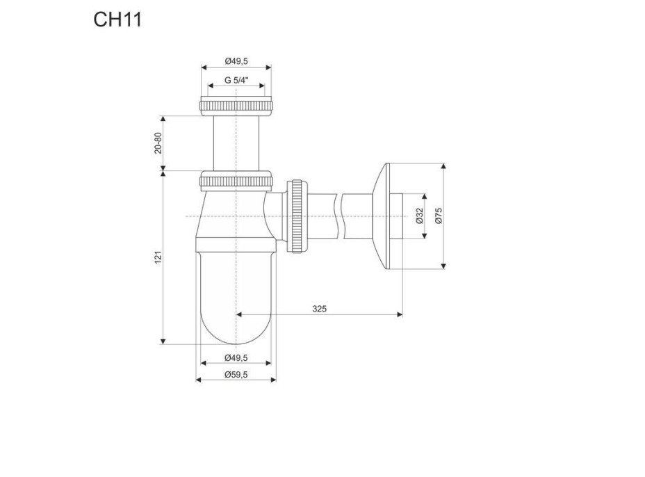 Sifón umývadlový, celokovový s prevlečnou maticou, pochrom. mosadz, 5/4 "x ø 32 mm