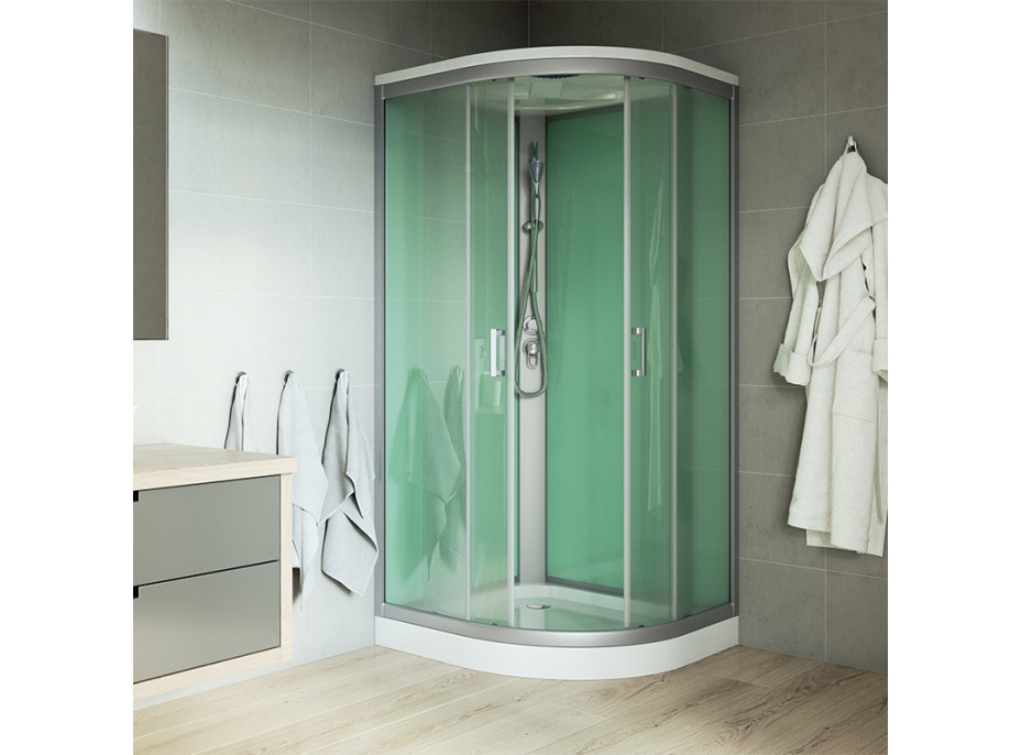 Sprchový box bez strechy, štvrťkruh, 90 cm, R550, profily satin, sklo Point, SMC vanička