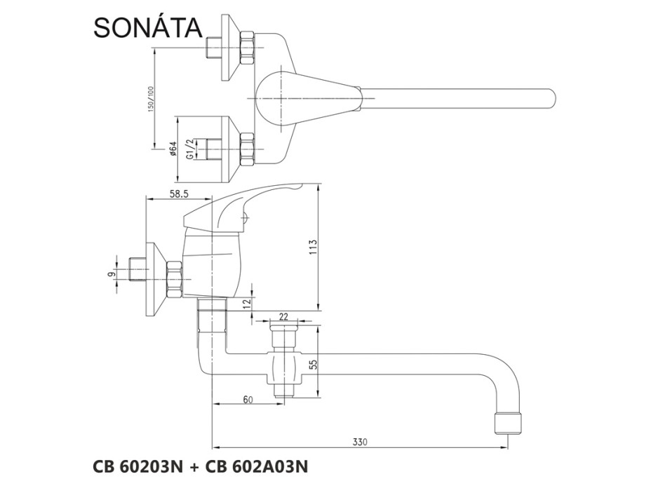 Nástenná batéria do byt. jadra, Sonáta, 100 mm, s rúrkovým ramienkom 330 mm, bez príslušenstva, chróm