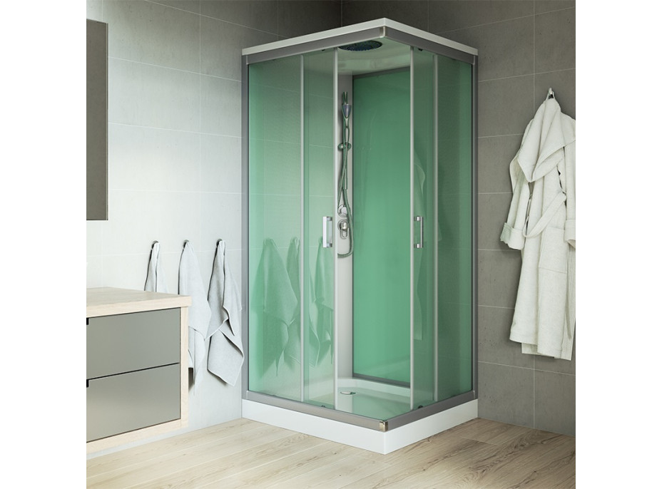 Sprchový box, štvorcový, 90 cm, profily satin, sklo Point, SMC vanička, bez striešky
