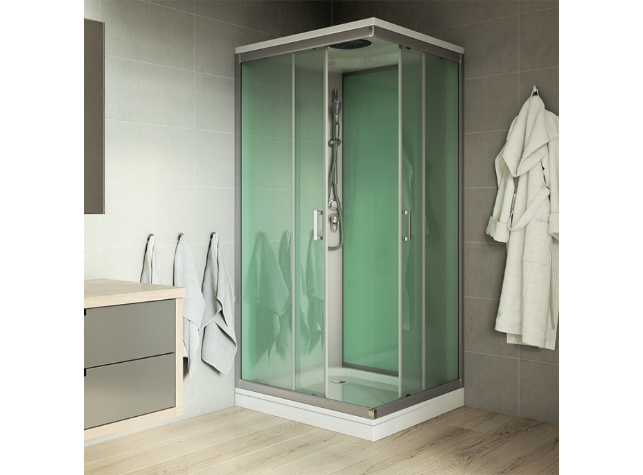 Sprchový box, štvorcový, 90 cm, profily satin, sklo Point, liata vanička, so strieškou