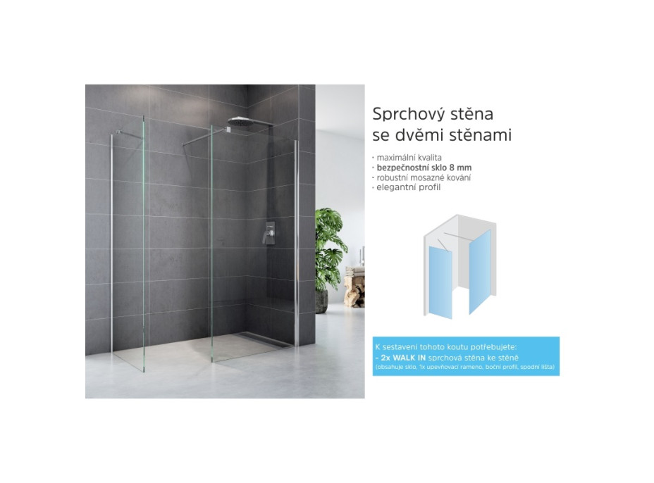 Sprchová stena WALK IN, Fantasy 100 x 200 cm, chróm ALU, sklo Číre