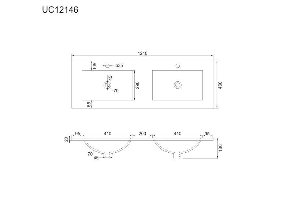 Nábytkové dvojumývadlo SLIM, 121x46x18 cm, keramické, biele