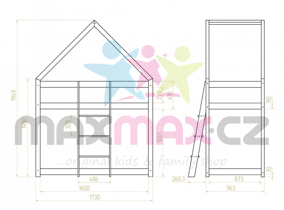 Detská posteľ z masívu Poschodová DOMČEK - TYP A 160x90 cm
