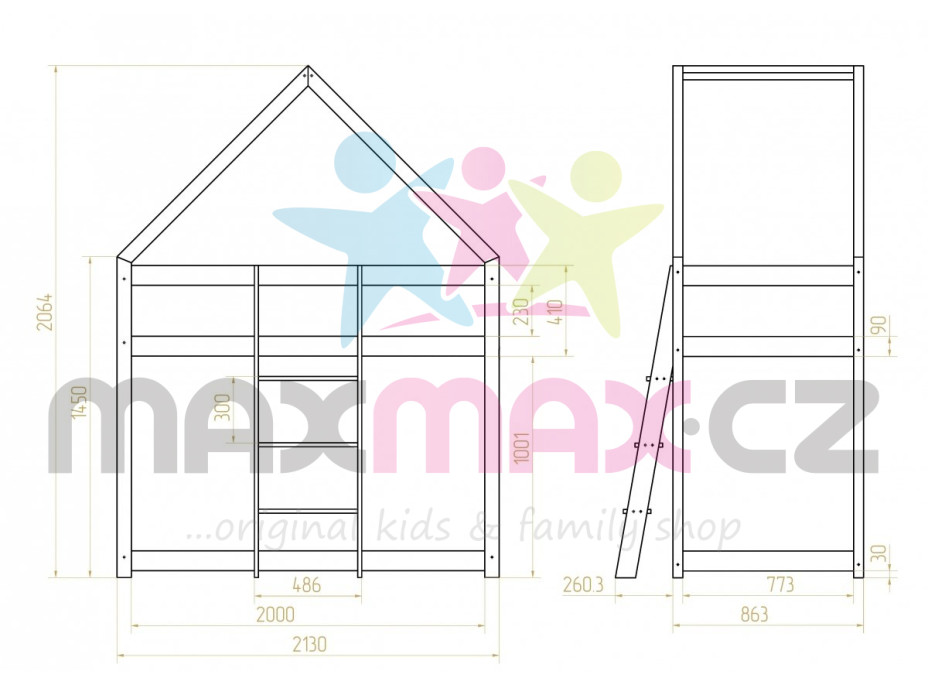 Detská posteľ z masívu Poschodová DOMČEK - TYP A 200x80 cm