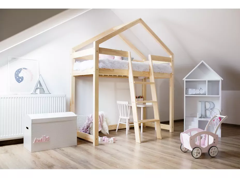 Detská vyvýšená posteľ z masívu DOMČEK - TYP A 200x90 cm
