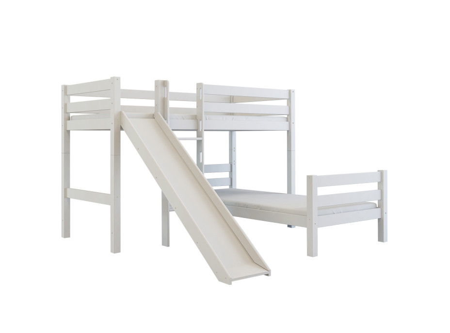 Detská poschodová posteľ do "L" sa šmýkačkou z MASÍVU BUK - EMIL 200x90cm - biela