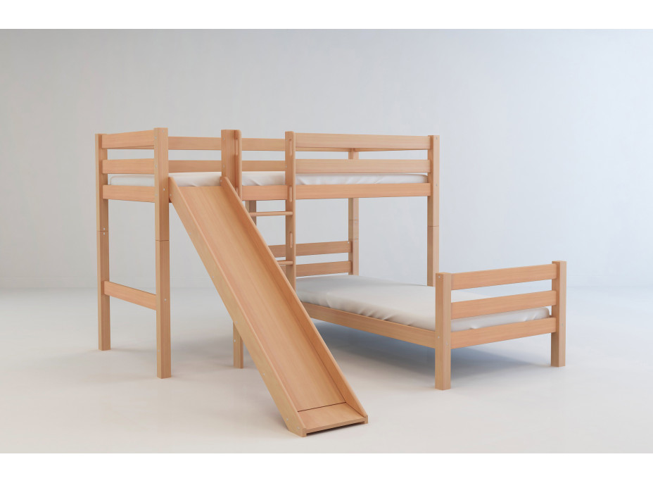 Detská poschodová posteľ do "L" sa šmýkačkou z MASÍVU BUK - EMIL 200x90cm - prírodná