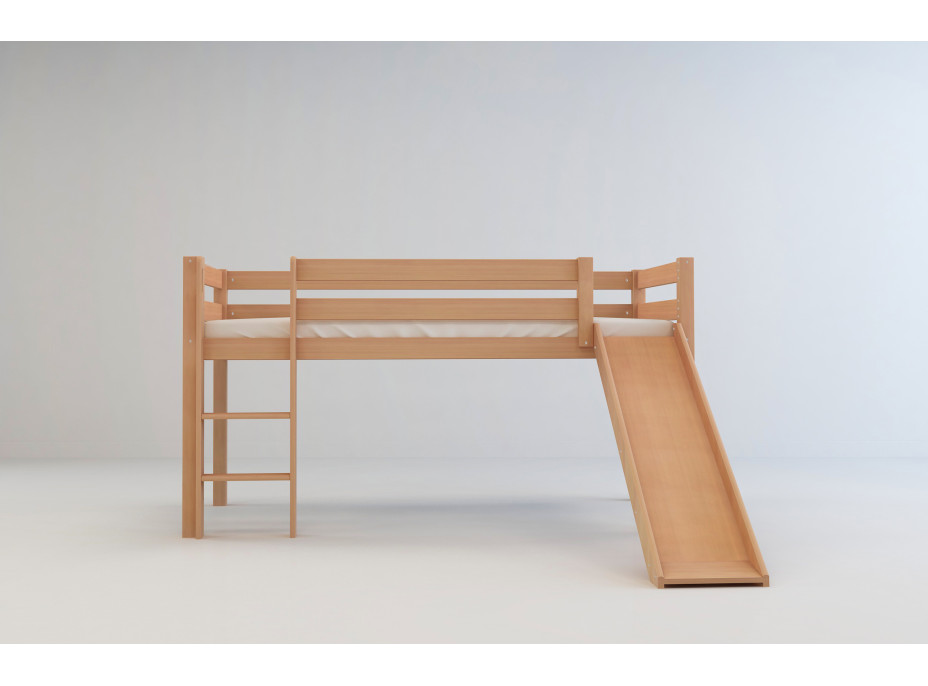 Detská vyvýšená posteľ so šmýkačkou z MASÍVU BUK - TIM 200x90cm - prírodná