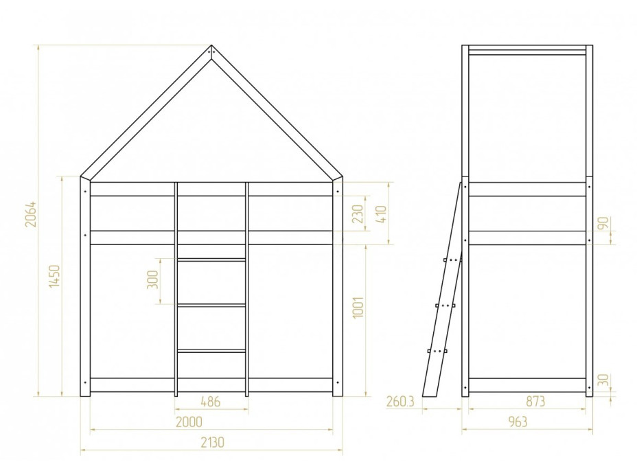 Detská posteľ z masívu Poschodová DOMČEK - TYP B 200x90 cm