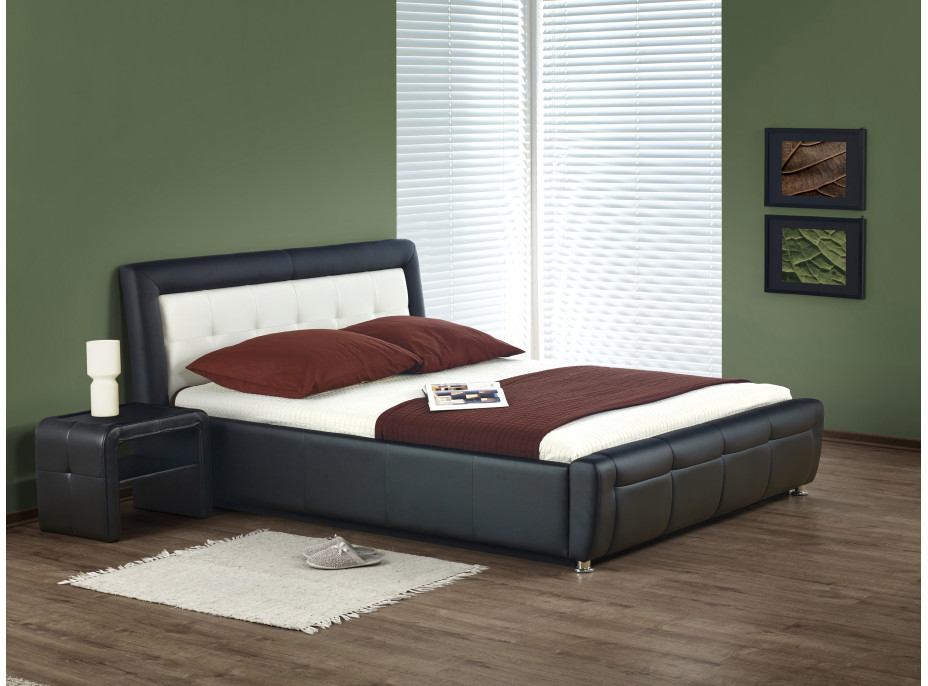 Kovová posteľ s úložným priestorom SANDRA 200x160 cm - čalúnená eko kožou - čierno / biela