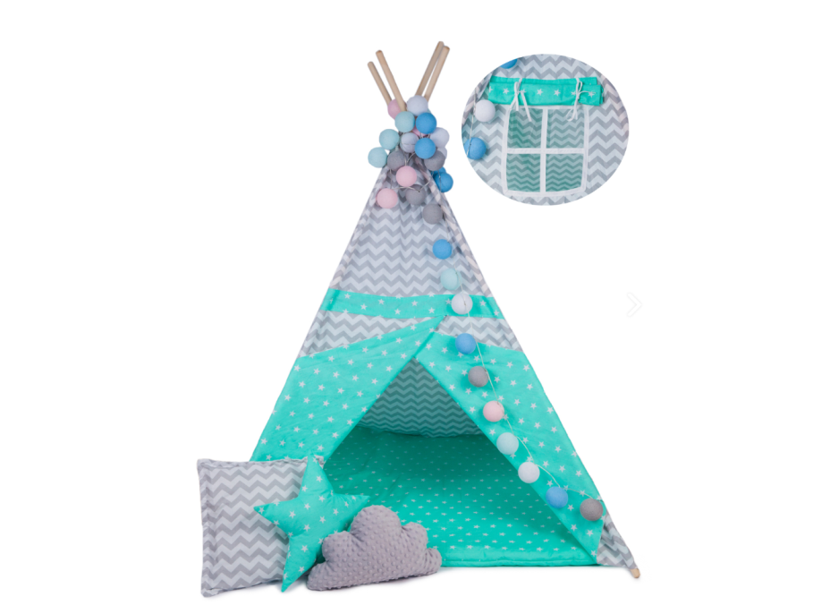 Detský stan TEEPEE (TÍPÍ) MINT S VLNKAMI + doplnky