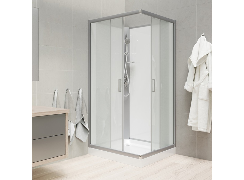Sprchový box, štvorcový, 90 cm, profily satin, sklo Point, chrbát biela, SMC vanička, bez striešky