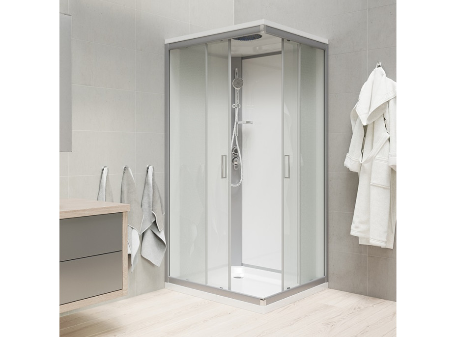 Sprchový box, štvorcový, 90 cm, profily satin, sklo Point, chrbát biela, liata vanička, so strieškou