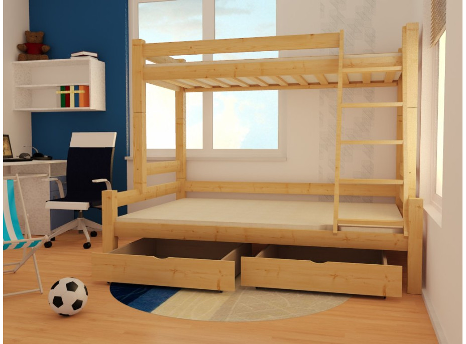 Detská poschodová posteľ s rozšíreným spodným lôžkom z MASÍVU 200x90cm so šuplíkmi PAVLÍNA