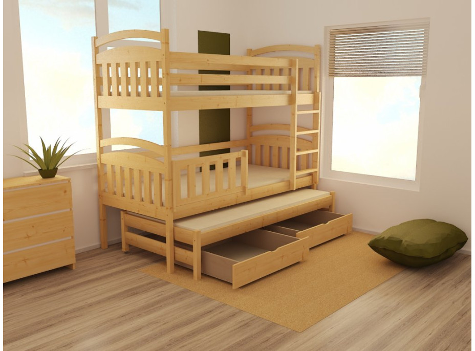Detská poschodová posteľ s prístelkou z MASÍVU 180x80cm so zásuvkou - PPV001