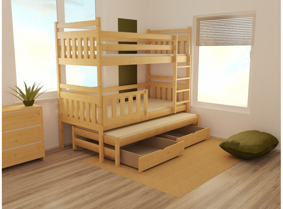 Detská poschodová posteľ s prístelkou z MASÍVU 180x80cm bez šuplíku - PPV004