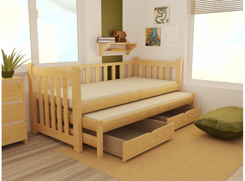 Detská posteľ s výsuvnou prístelkou z MASÍVU 200x90cm so zásuvkou - DPV002