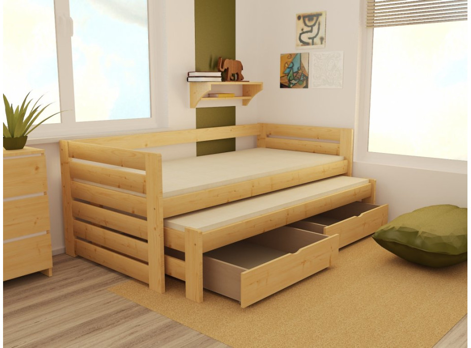 Detská posteľ s výsuvnou prístelkou z MASÍVU 200x90cm so zásuvkou - DPV011