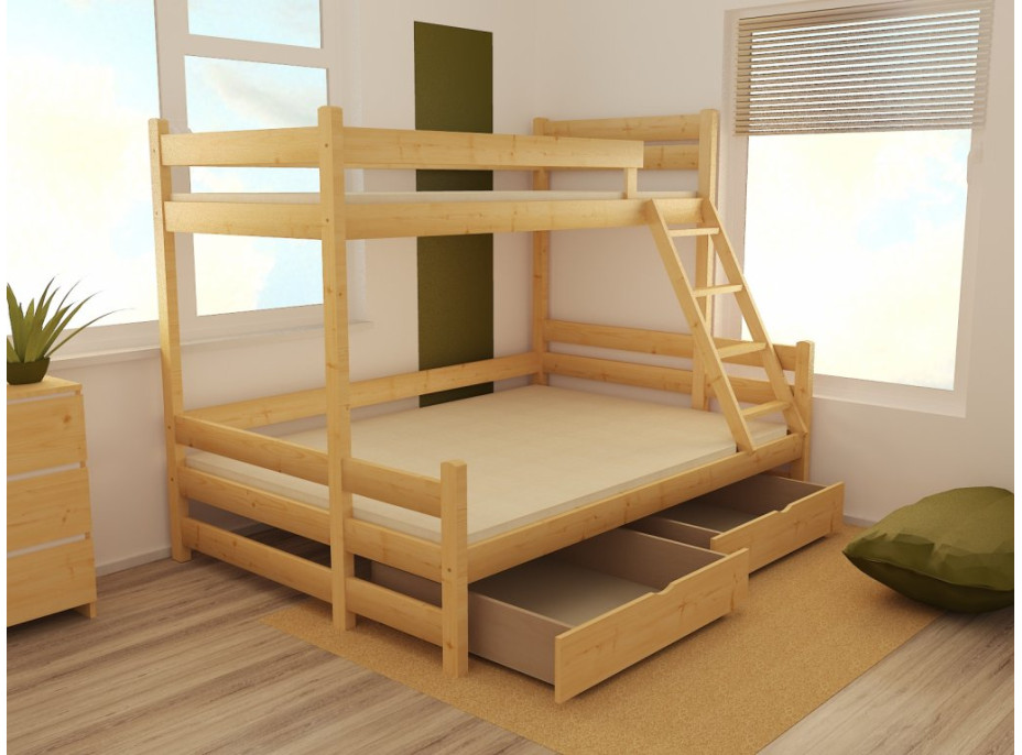 Detská poschodová posteľ s rozšíreným spodným lôžkom z MASÍVU 200x90cm so zásuvkou - PPS004