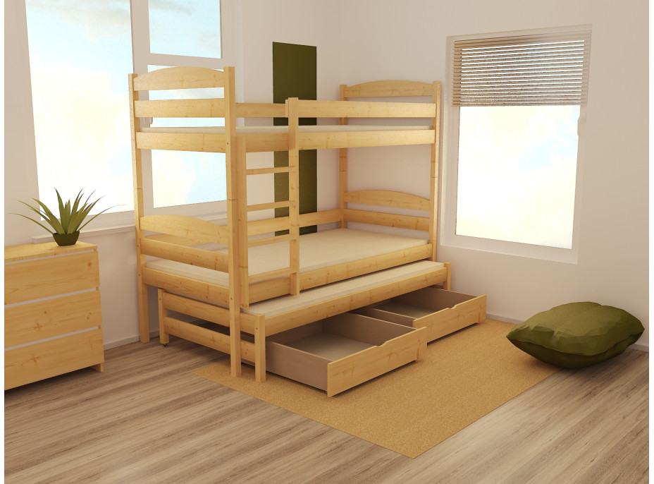 Detská poschodová posteľ s prístelkou z MASÍVU 180x80cm so zásuvkou - PPV009