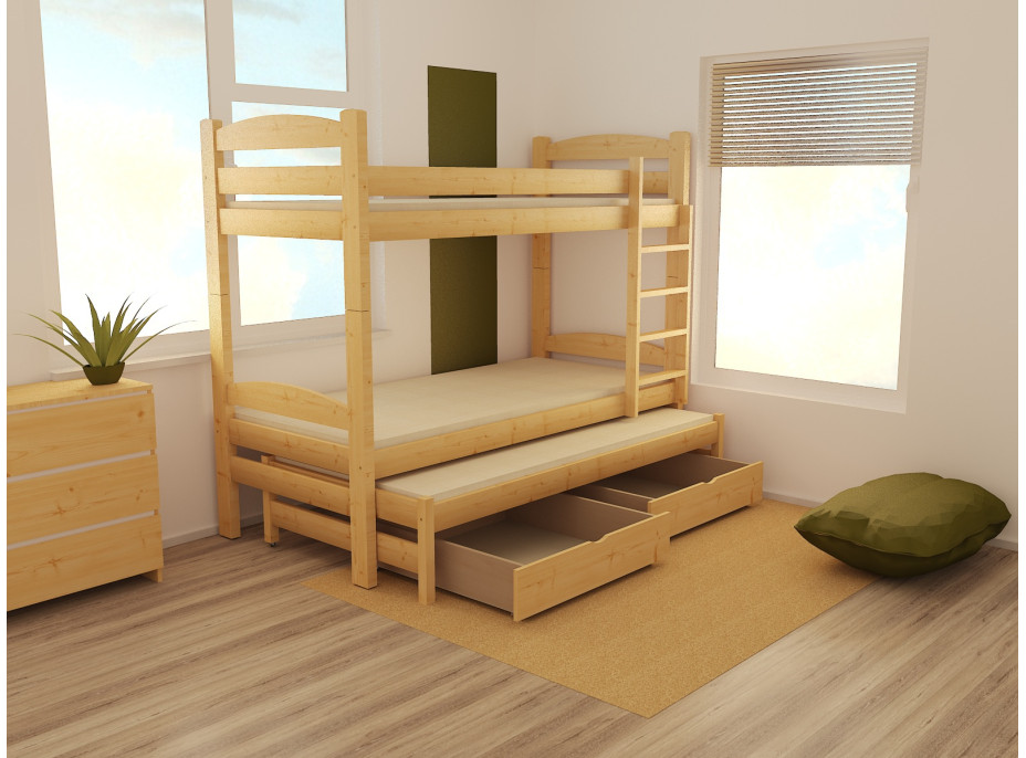 Detská poschodová posteľ s prístelkou z MASÍVU 200x90cm so zásuvkou - PPV010