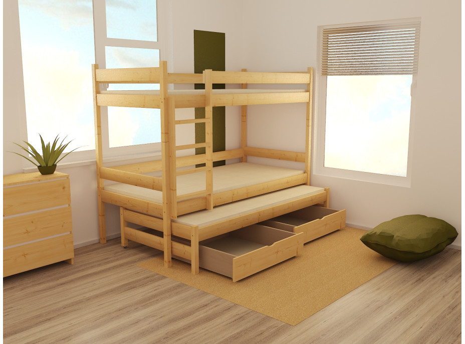 Detská poschodová posteľ s prístelkou z MASÍVU 200x80cm so zásuvkou - PPV013