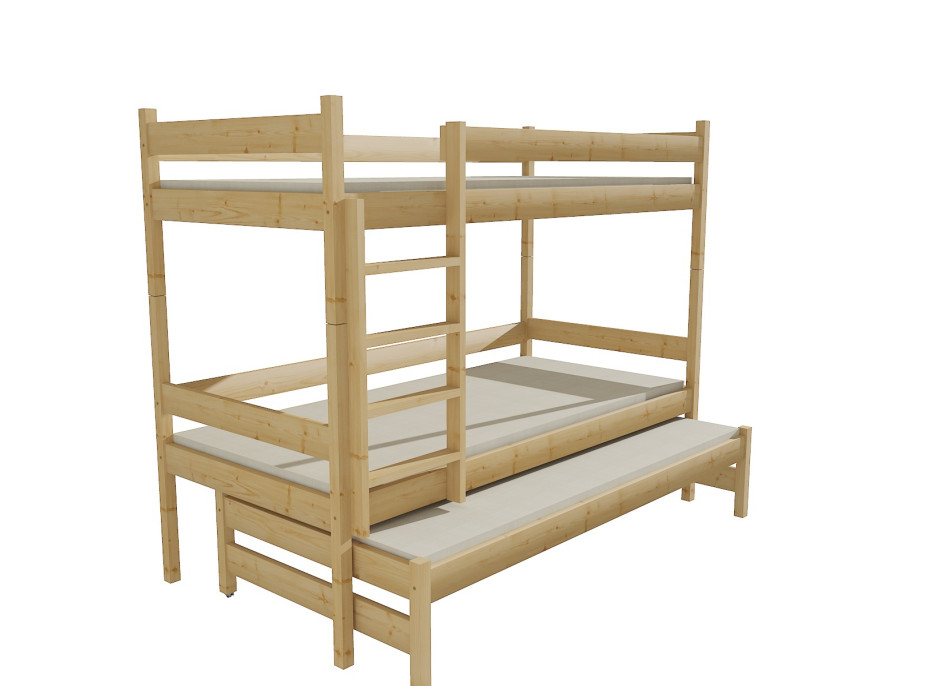Detská poschodová posteľ s prístelkou z MASÍVU 200x90cm so zásuvkou - PPV013