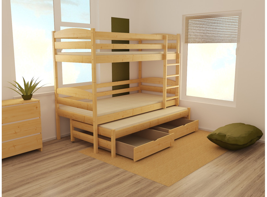 Detská poschodová posteľ s prístelkou z MASÍVU 200x90cm bez šuplíku - PPV016