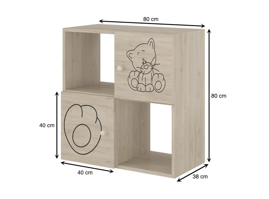 Detský úložný regál s výrezom MAČIČKA 4-komorový - prírodné