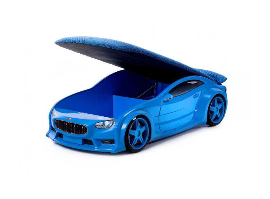 Detská 3D autopostel 180x80 cm s úložným priestorom MASTI Alcantara modrá - LED svetlomety a podsvietenie + spojler
