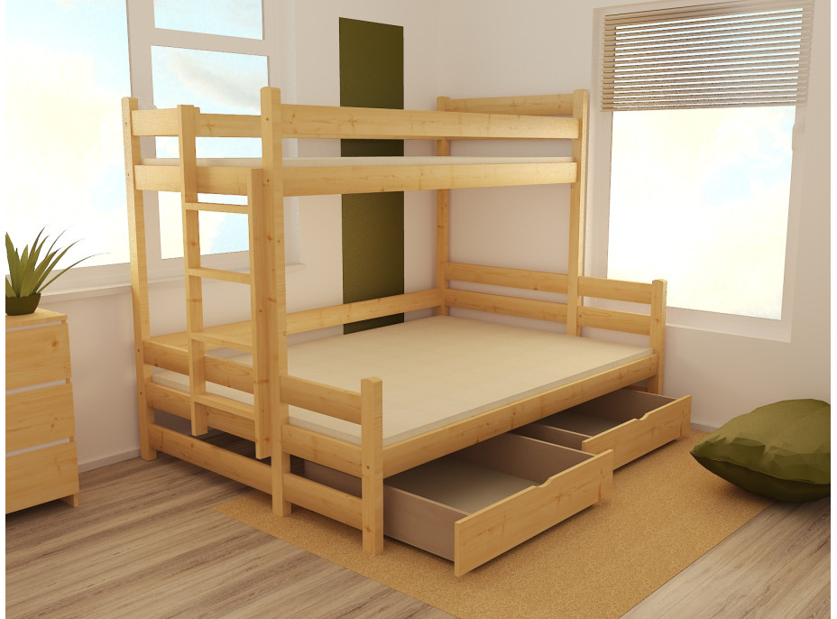 Detská poschodová posteľ s rozšíreným spodným lôžkom z MASÍVU 200x90cm so zásuvkou - PPS003