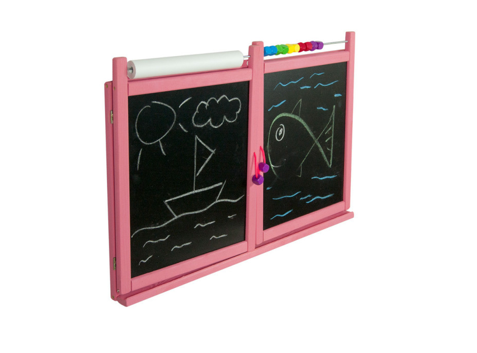 Drevená detská kriedová a magnetická tabuľa na stenu - rozkladacia - ružová