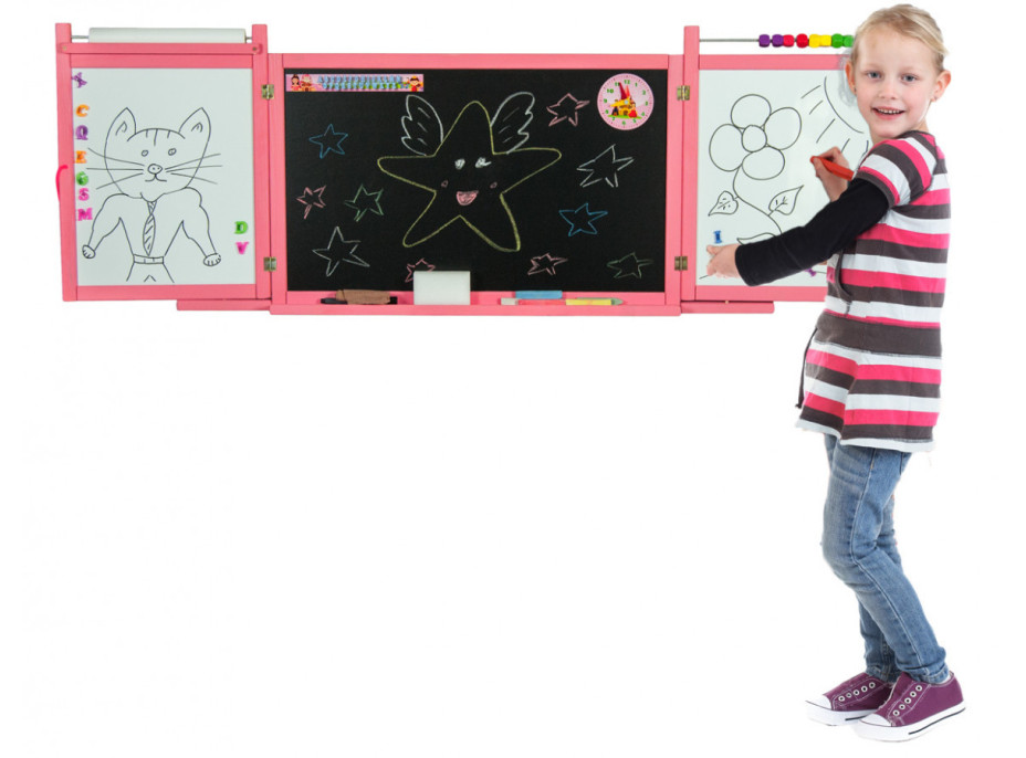 Drevená detská kriedová a magnetická tabuľa na stenu - rozkladacia - ružová