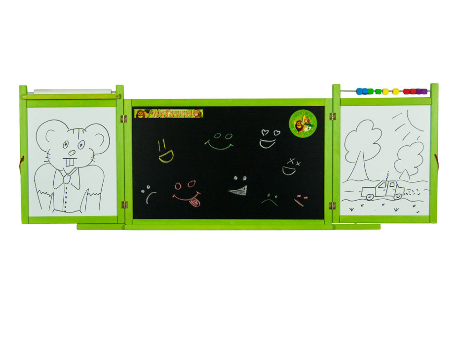 Drevená detská kriedová a magnetická tabuľa na stenu - rozkladacia - zelená