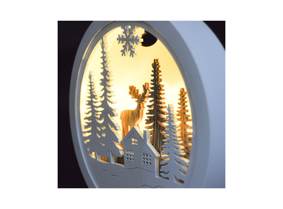 Dekoračné LED medailónik - jeleň u chatky - drevený