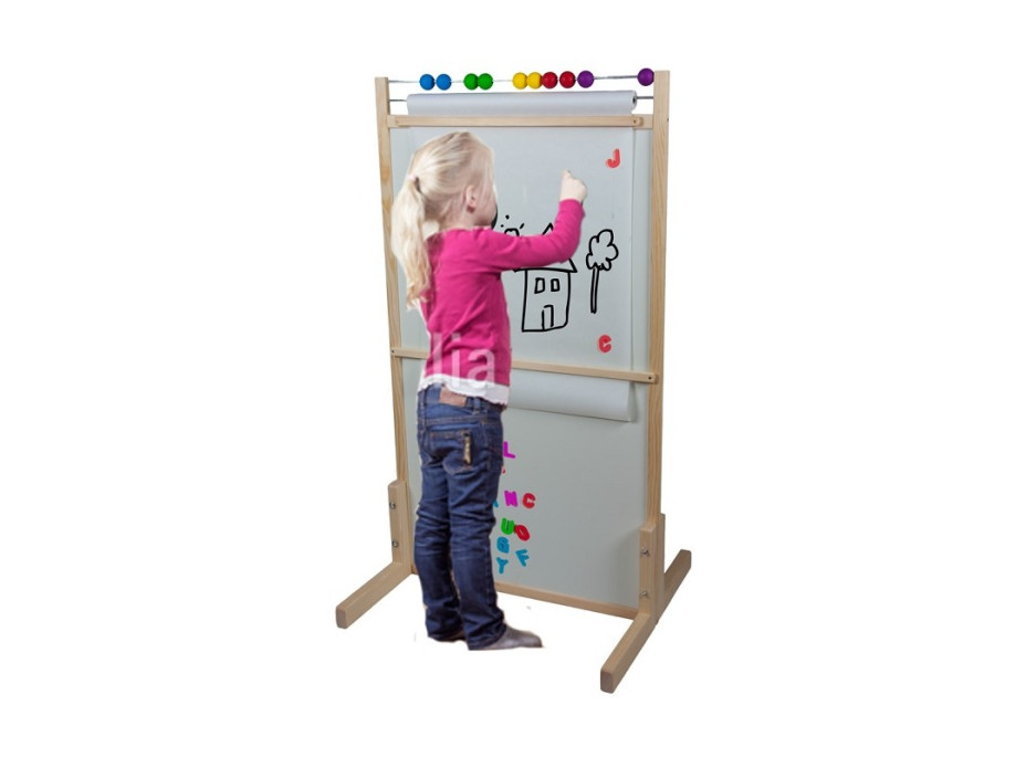Detská magnetická a kriedová tabuľa s počítadlom a rolí papiera