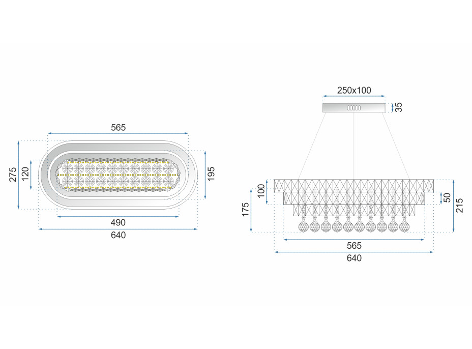 Stropné LED krištáľové svietidlo PLATON longer - 102W - s ovládačom