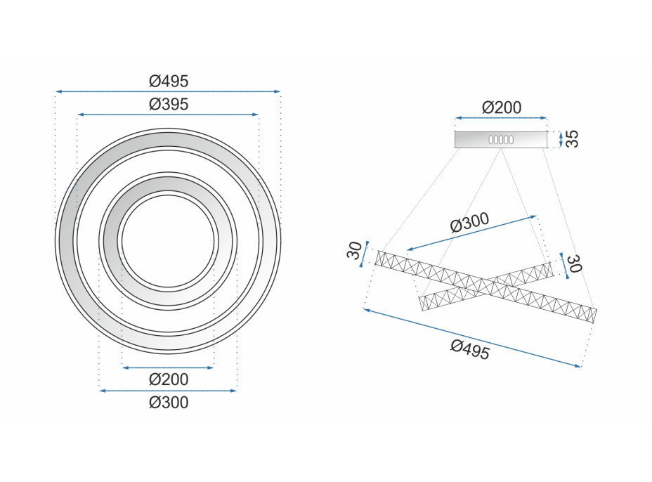 Stropné LED krištáľové svietidlo PLATON rings 30 + 50 cm - 76W - s ovládačom