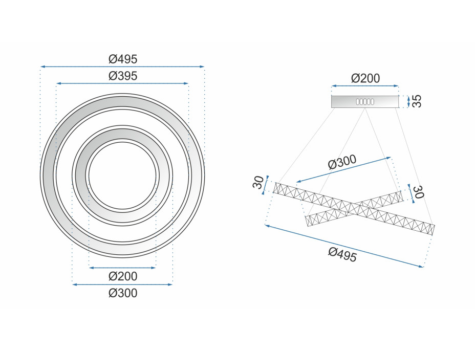 Stropné LED krištáľové svietidlo PLATON rings 30 + 50 cm - 76W - s ovládačom