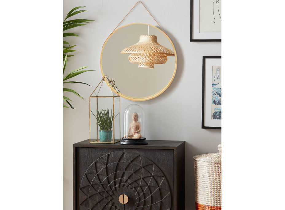 Okrúhle zrkadlo na pásku LOFT 50 cm s dreveným rámom - svetlo hnedé