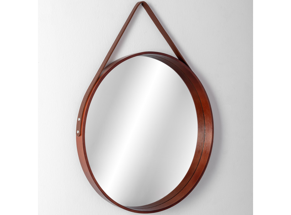 Okrúhle zrkadlo na pásku LOFT 50 cm s dreveným rámom - tmavo hnedé