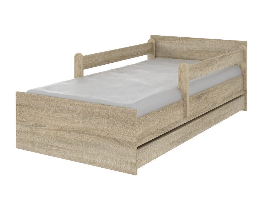 Detská posteľ MAX bez motívu 180x90 cm so zásuvkou - svetlý dub + 1x dlhá a 1x krátka zábrana